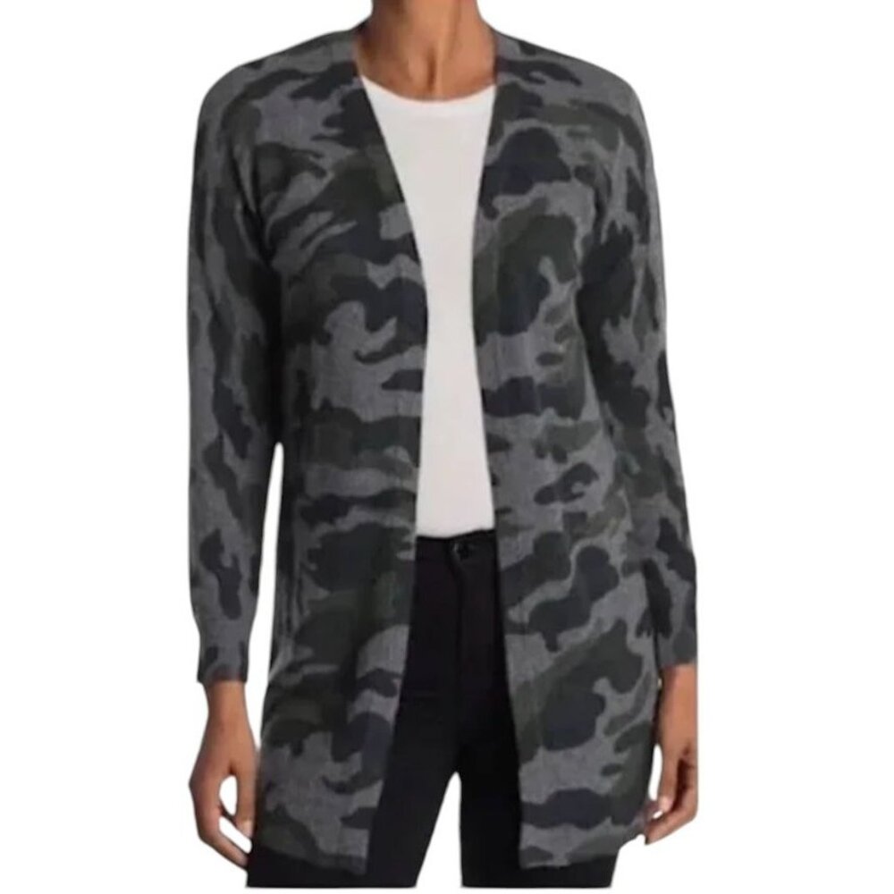 Magaschoni Women 100% Cashmere Open Front Cardigan Sweater Green/Gray Camo M